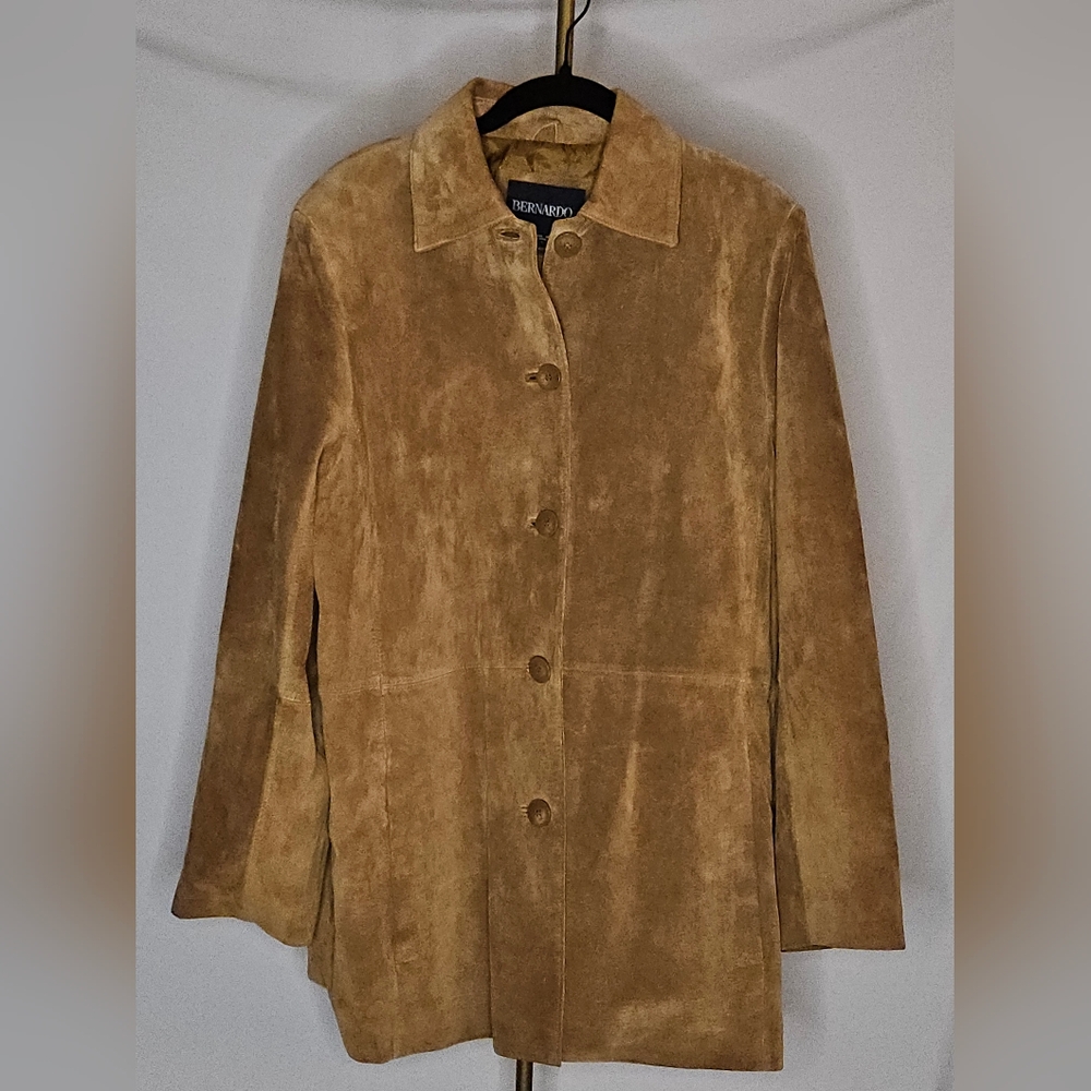Bernardo Camel Brown Suede Leather Trench Coat Jacket